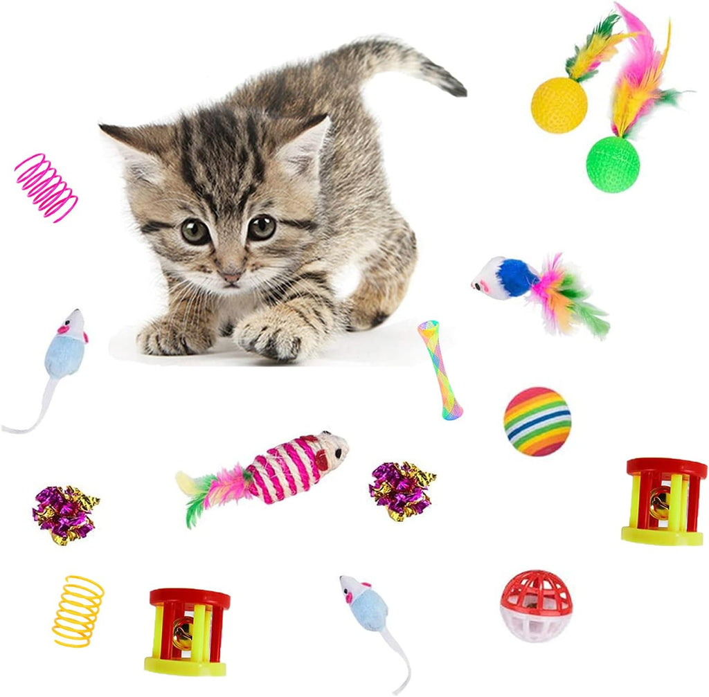 Colorful jingle bell balls and crinkle spheres spread out for independent cat play