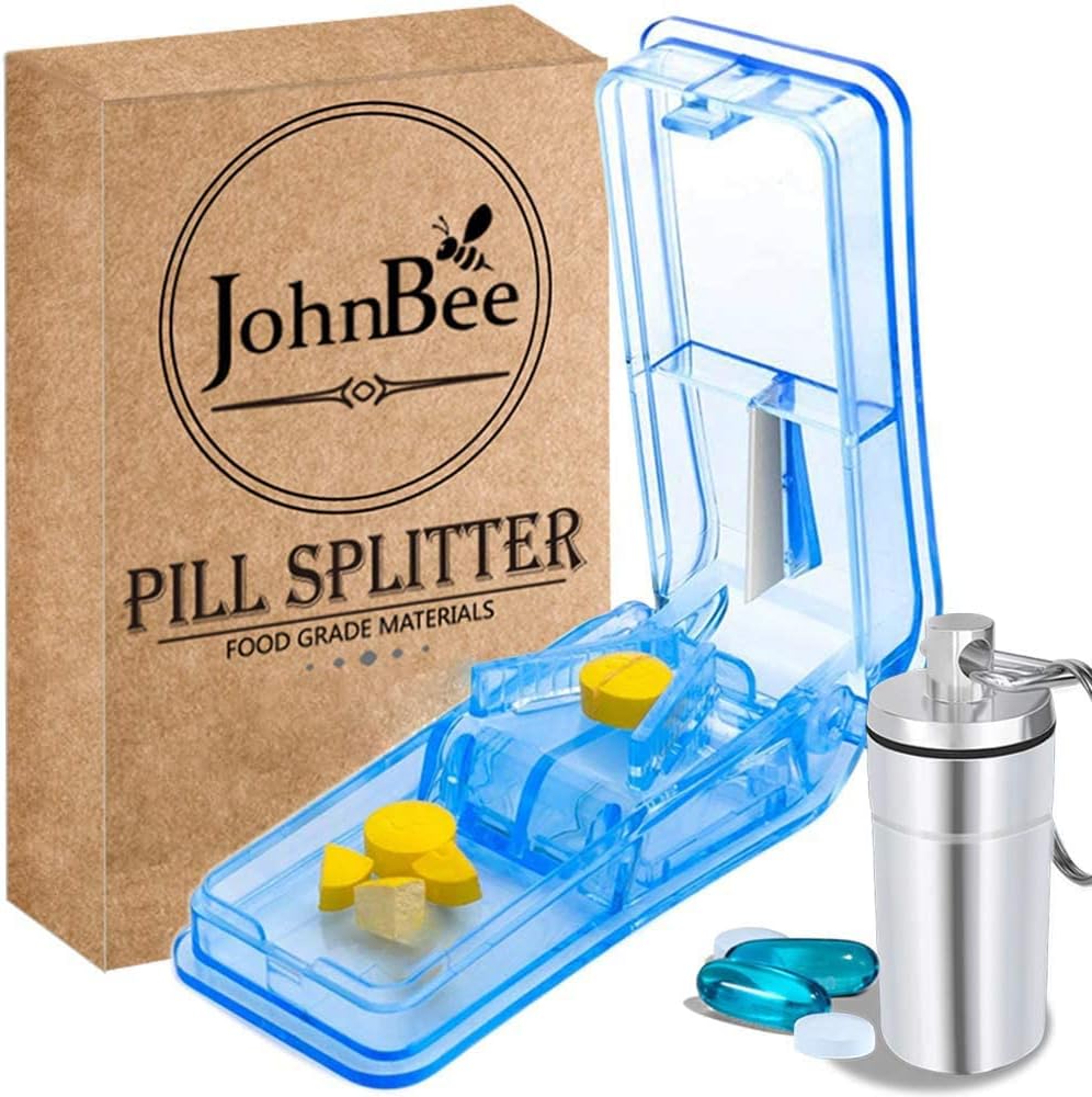 JohnBee pill cutter in blue showing the front view and compact design for daily medication management.