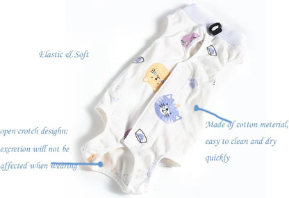 Side profile of female cat wearing Coppthinktu surgical onesie