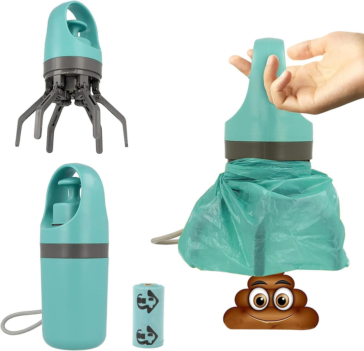 XPAPOV Portable No Touch Dog Pooper Scooper front view showing the teal claw mechanism.
