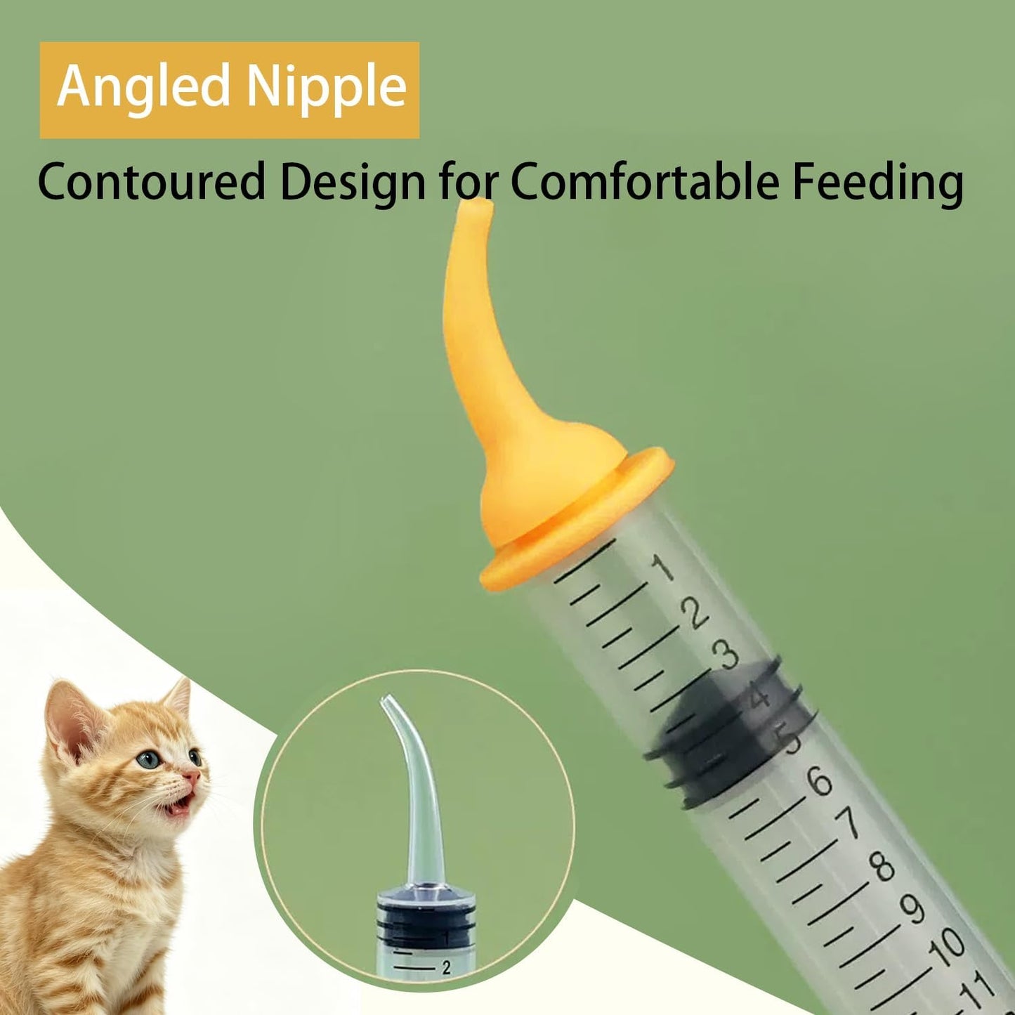 Close up view of the LogFaadCoi newborn kitten syringe feeder with interchangeable silicone nipples.