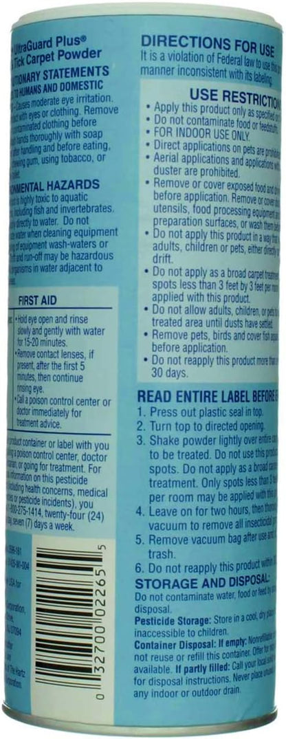 Authentic USA imported Hartz carpet powder container showing life cycle elimination details