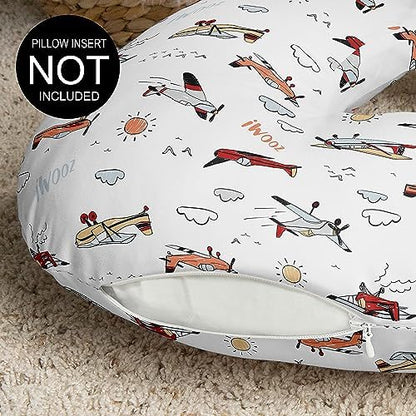 Hidden zipper detail on aviation themed nursing pillow cover