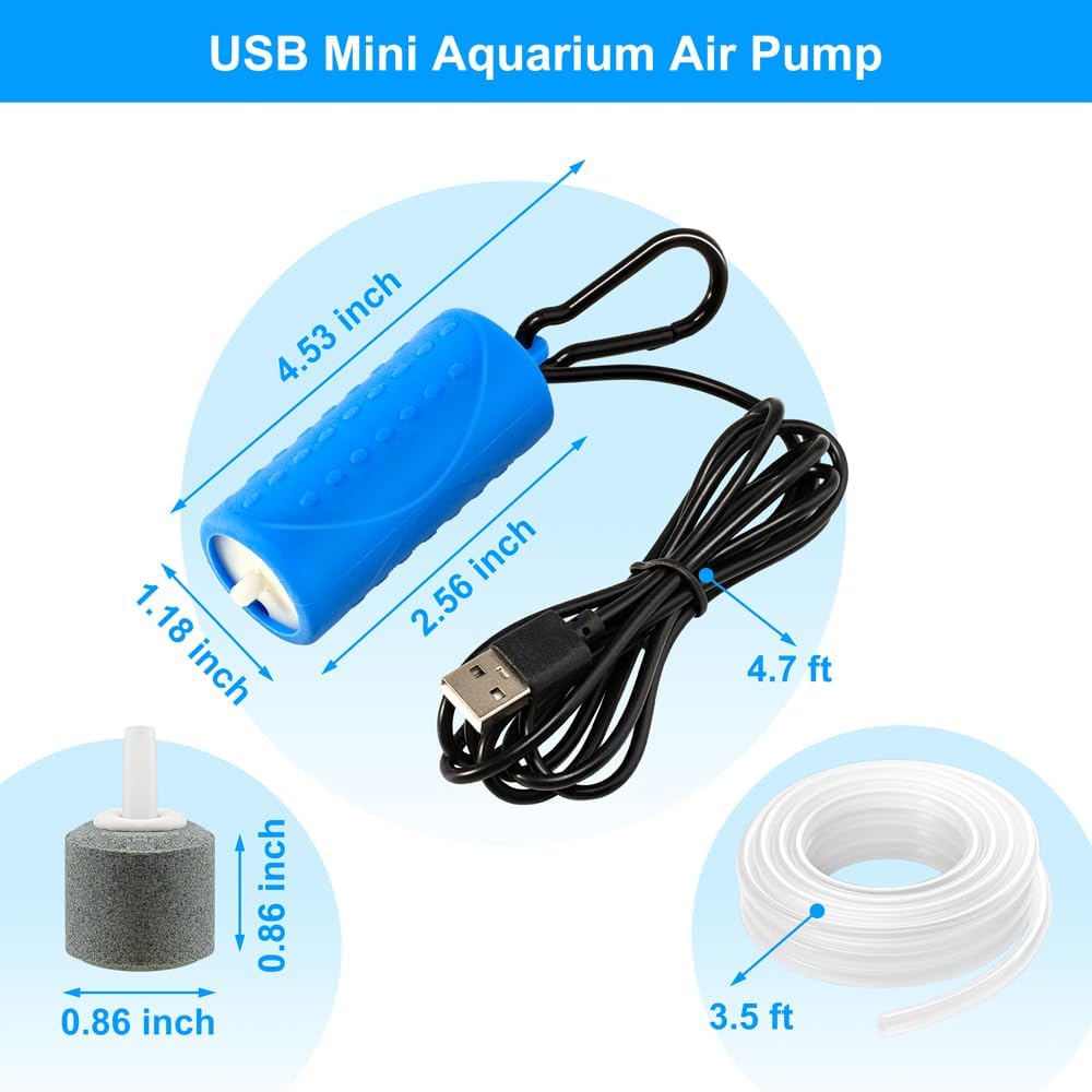 DaToo USB Mini Aquarium Air Pump Ultra Quiet Fish Tank Air Pump with Black Hanging Clasp Portable Aquarium Oxygen Aerator Pump Includes Fish Tank Airline Tubing and Air Stone(1W/2W/3W) - Image 2