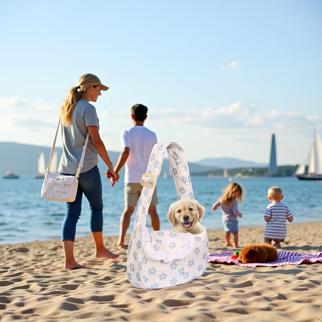 Small pet carrier bag being worn by person for scale