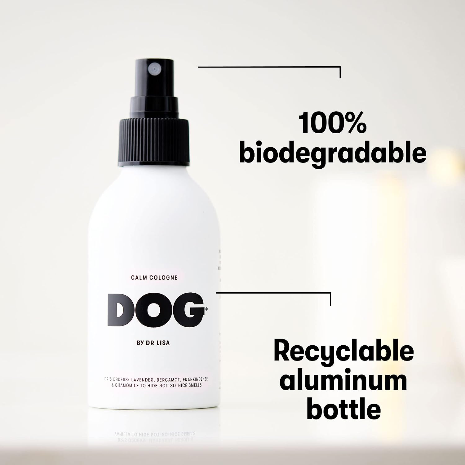 Premium 4.2 ounce aluminum bottle of vegan dog perfume by Dr Lisa
