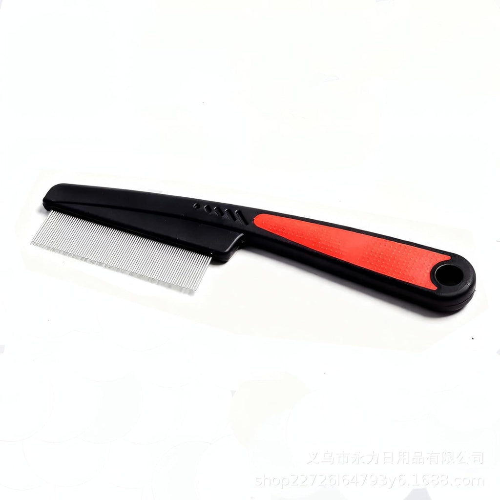 Morain flea comb for dogs and cats front view showing stainless steel teeth.