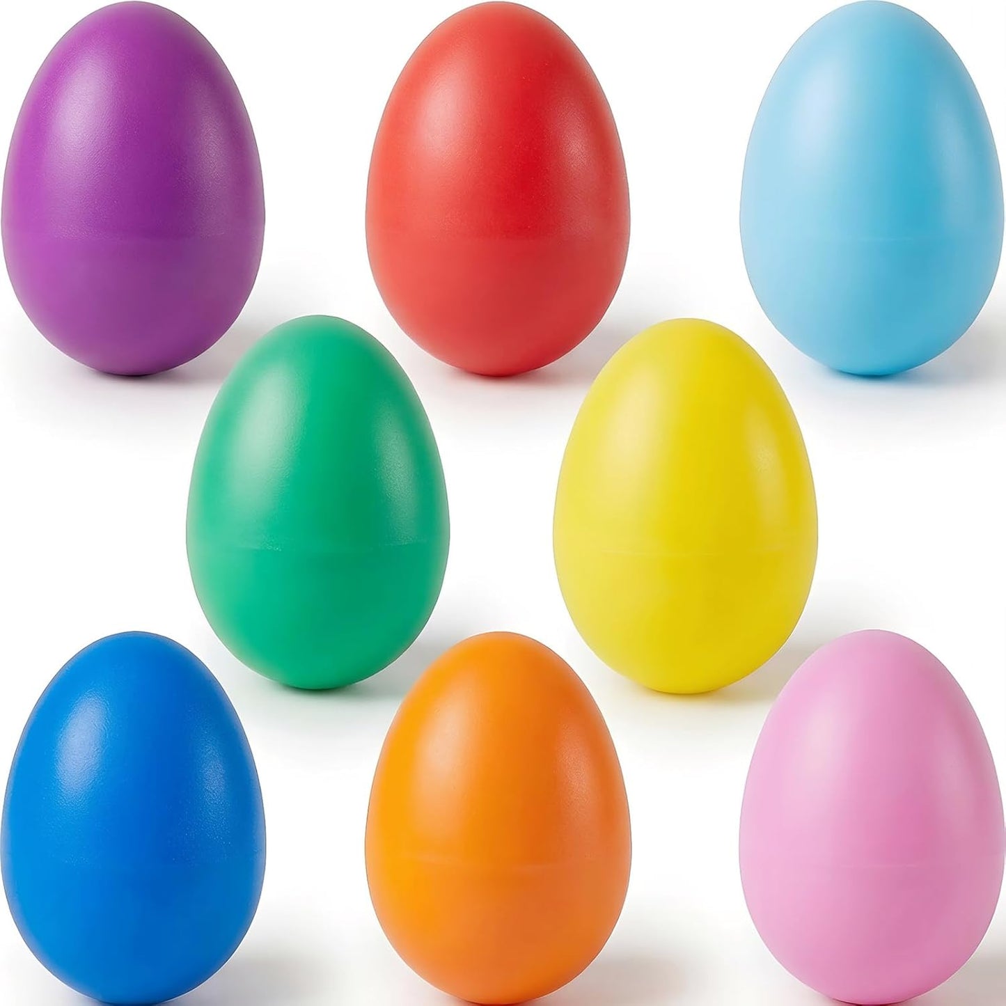 Menzcci 8 pack easter plastic shake eggs front view showing eight vibrant multi-colored musical percussion toys for kids.