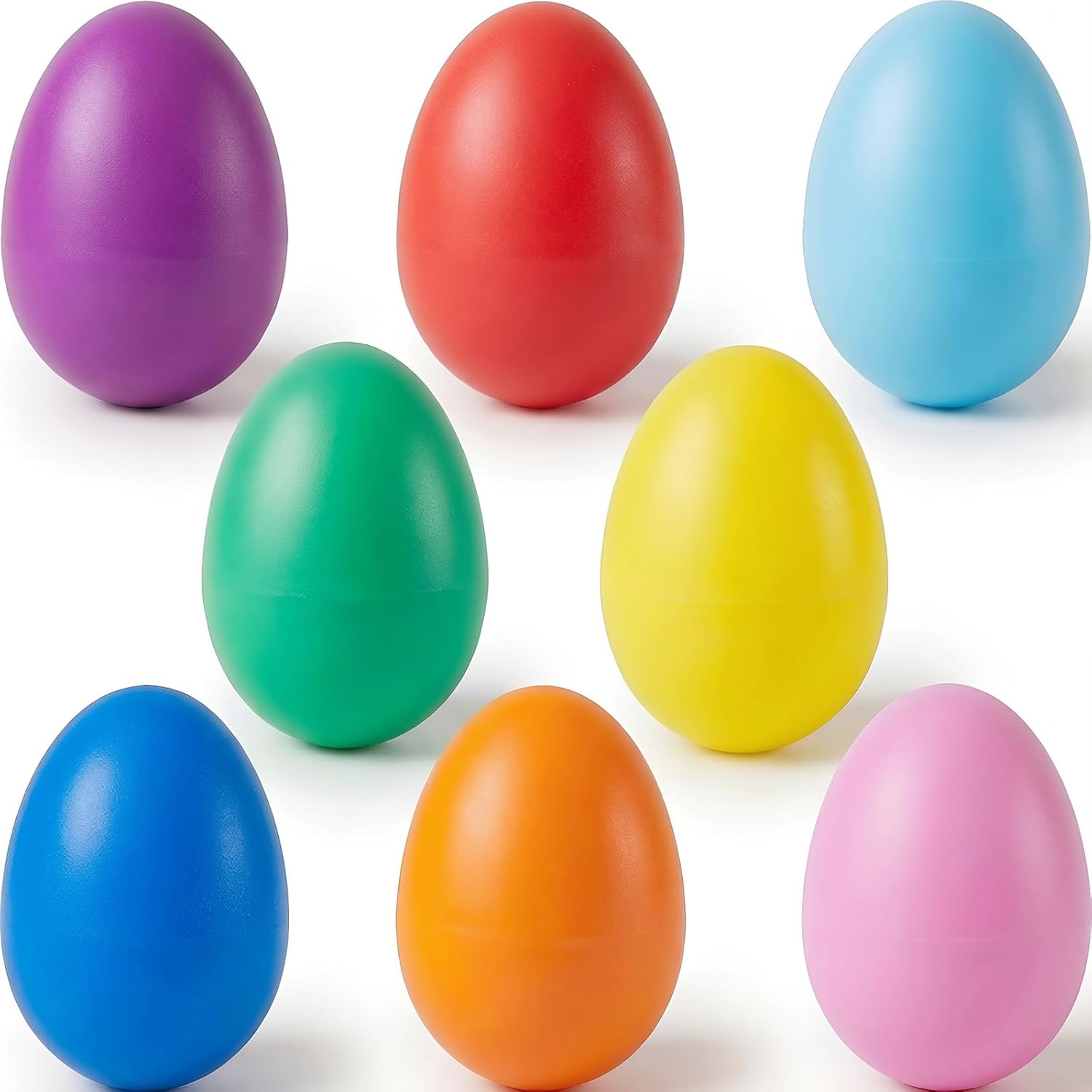 Menzcci 8 pack easter plastic shake eggs front view showing eight vibrant multi-colored musical percussion toys for kids.