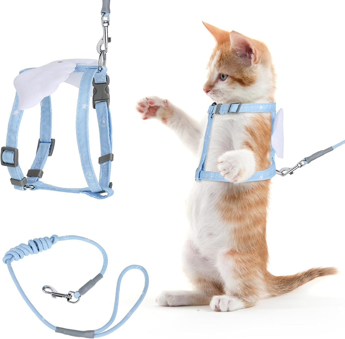 Side angle view of the ultra-lightweight TIESOME cat vest harness with connected walking rope.