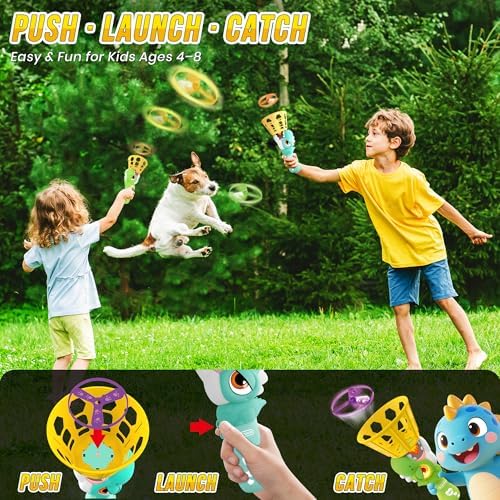 Two kids playing catching game with blue and green launchers in a backyard