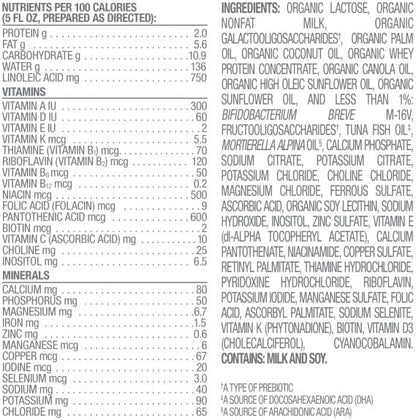 Side view of Happy Baby Stage 2 canister highlighting the nutritional facts and ingredient lists.