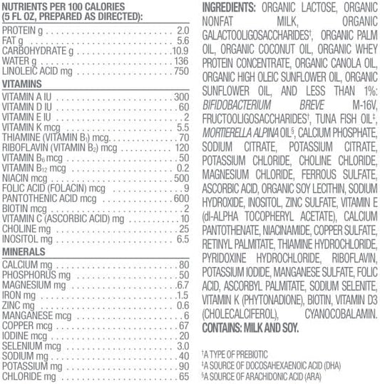 Side view of Happy Baby Stage 2 canister highlighting the nutritional facts and ingredient lists.