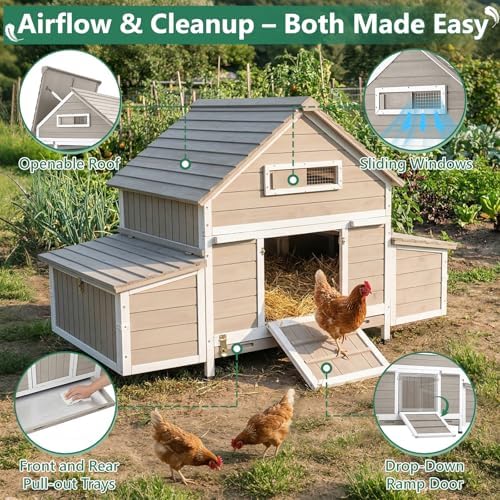 Large Chicken Coop for 4 - 6 Chickens with 6 Nesting Boxes, Wooden Outdoor Hen House with Pull-Out Tray, Backyard Chicken Coop with Weatherproof Openable Roof, 3 Perches, Expandable Run(61"L x 33.5"W) - Image 7