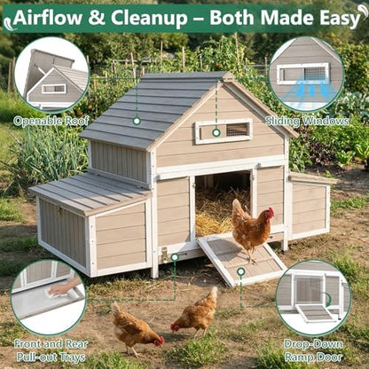Large Chicken Coop for 4 - 6 Chickens with 6 Nesting Boxes, Wooden Outdoor Hen House with Pull-Out Tray, Backyard Chicken Coop with Weatherproof Openable Roof, 3 Perches, Expandable Run(61"L x 33.5"W) - Image 7
