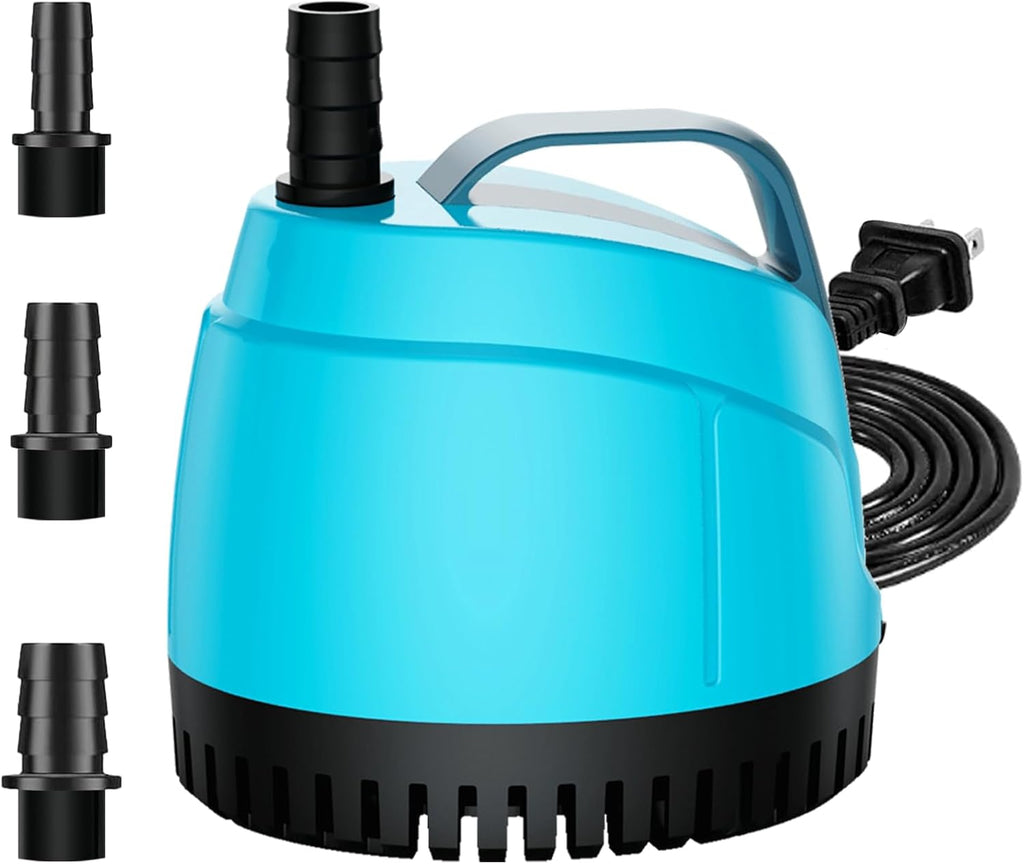 WUCIOOO submersible water pump front view showcasing the blue housing and bottom suction intake