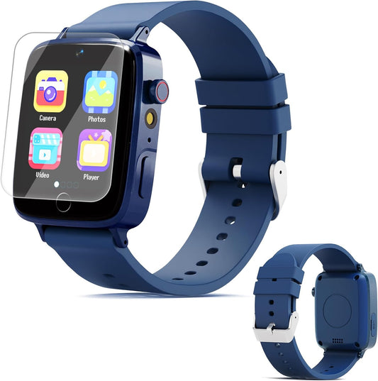 Vilicert smart watch for kids blue front view showcasing the main digital menu screen