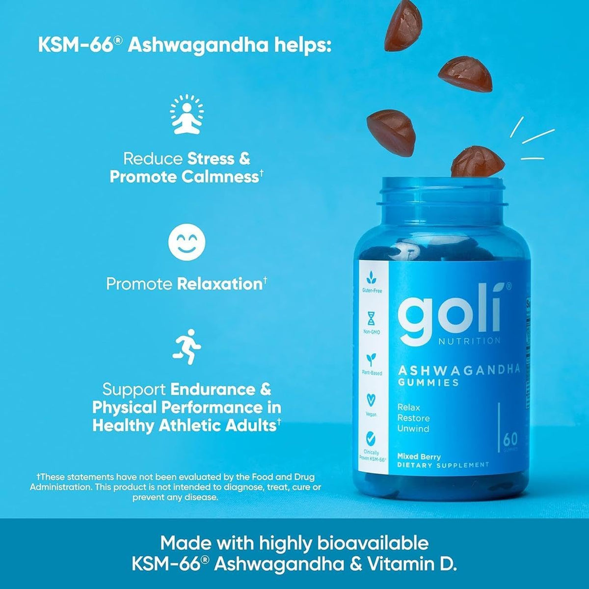 Side angle view of Goli Ashwagandha and Vitamin D gummy bottle