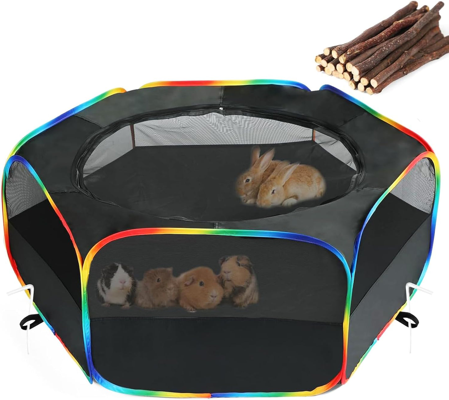Small Animal Playpen, Chick Brooder Box, Guinea Pig Hamster Indoor Playpens & Outdoor Pet Cage Tent with Cover Top, for Kitten/Ferret/Hedgehog/Rabbit/Duckling, Black & Rainbow - Image 1