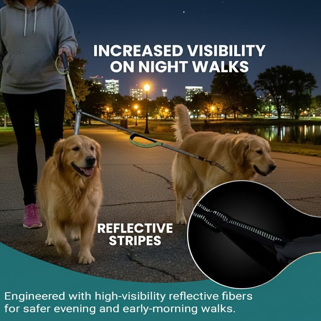 wikiRay Double Dog Leash Coupler for Walking 2 Dogs - No Tangle Dual Dog Splitter with Shock-Absorbing Bungee, Padded Traffic Handles & Reflective Stitching (Sea Green) - Image 9