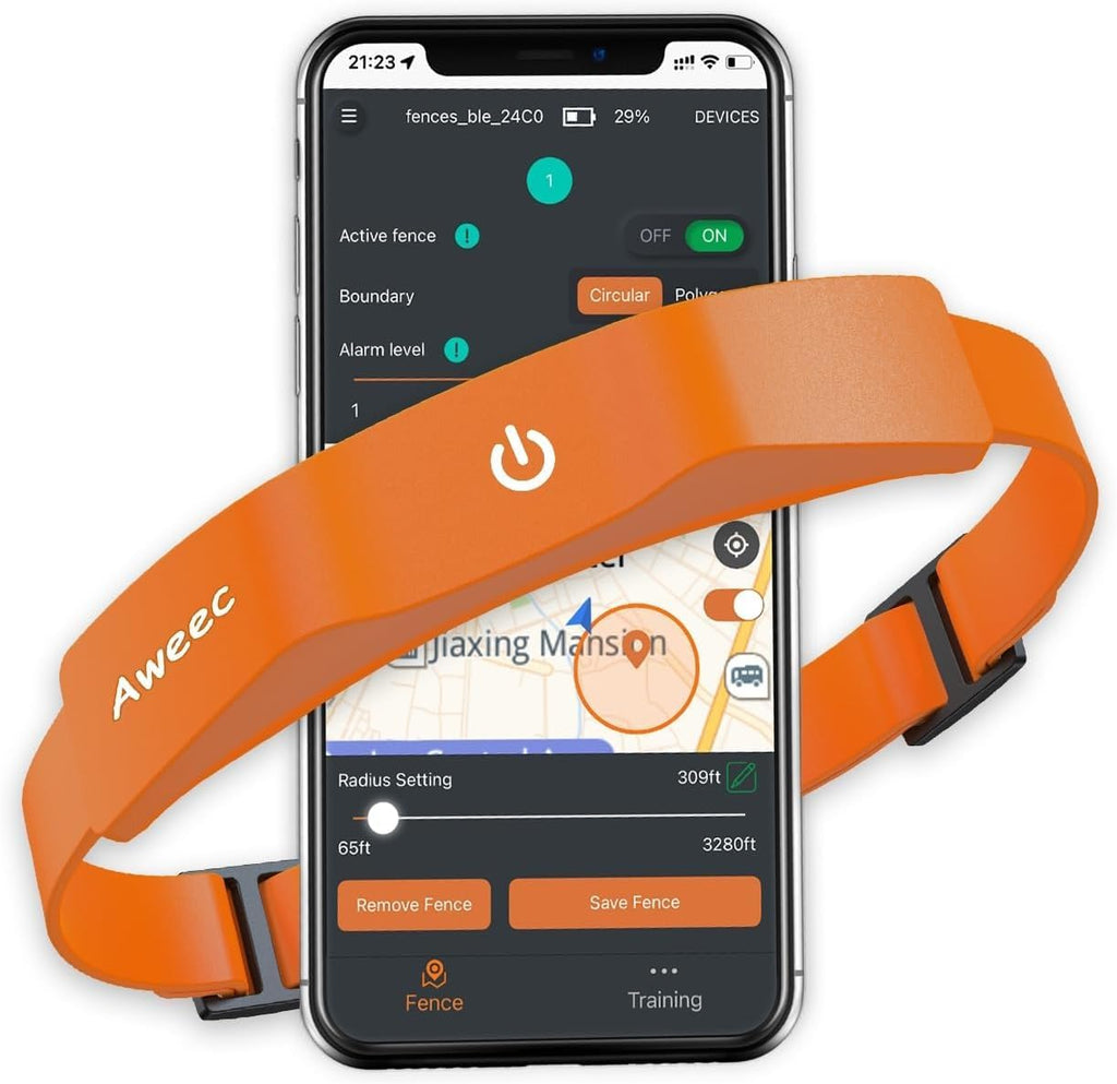 Aweec GPS electric dog fence orange training collar front view for outdoor pet safety.