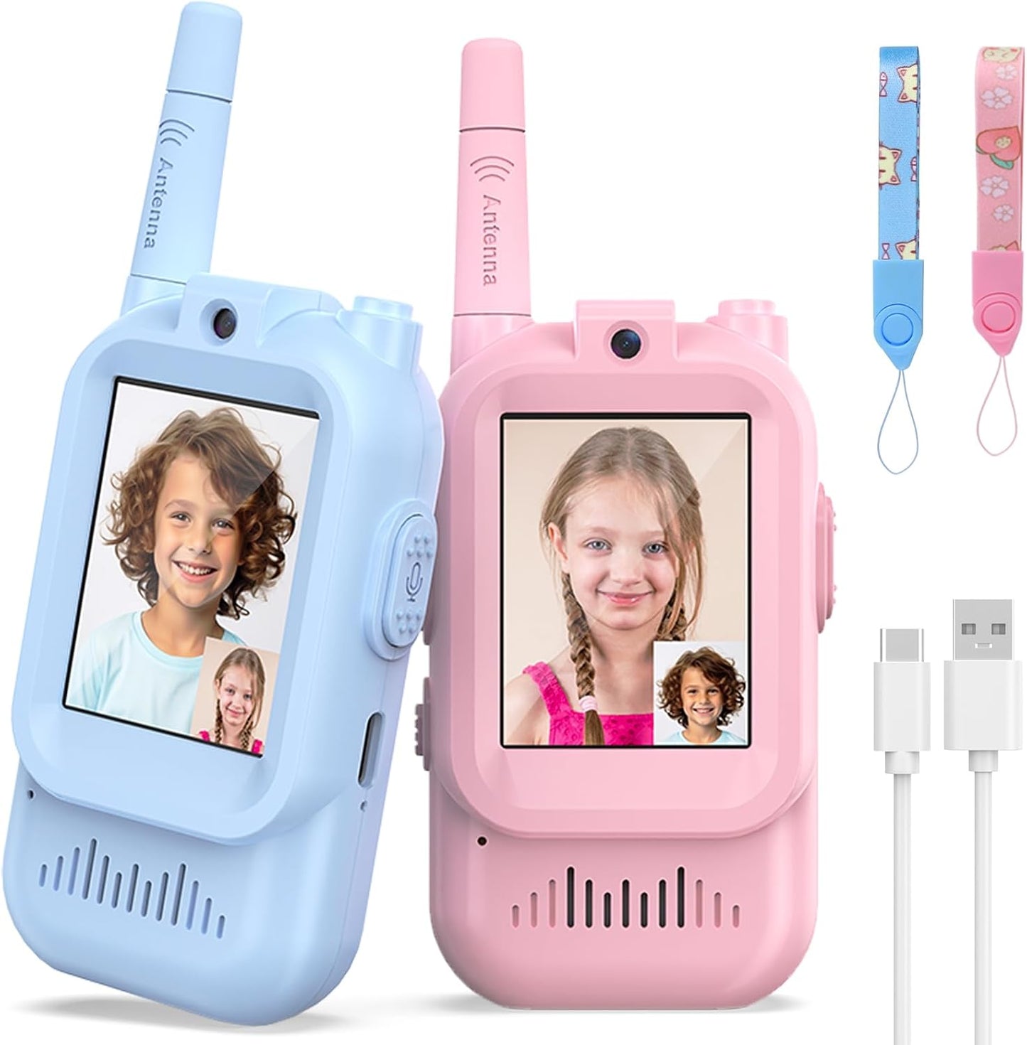 Hangrui Kids Video Walkie Talkies front view showing the pink and blue models with active screen displays.