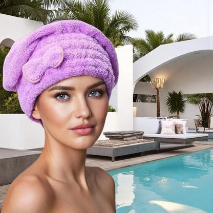 Rear view demonstrating the secure button closure on the quick dry hair cap.