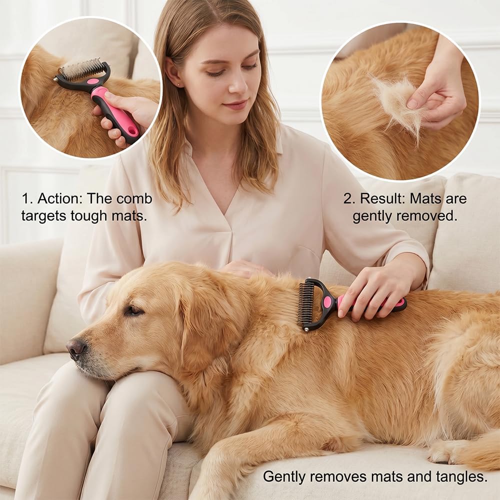 Rovia pet grooming tool for thick coats showing the 9 teeth mat breaker side