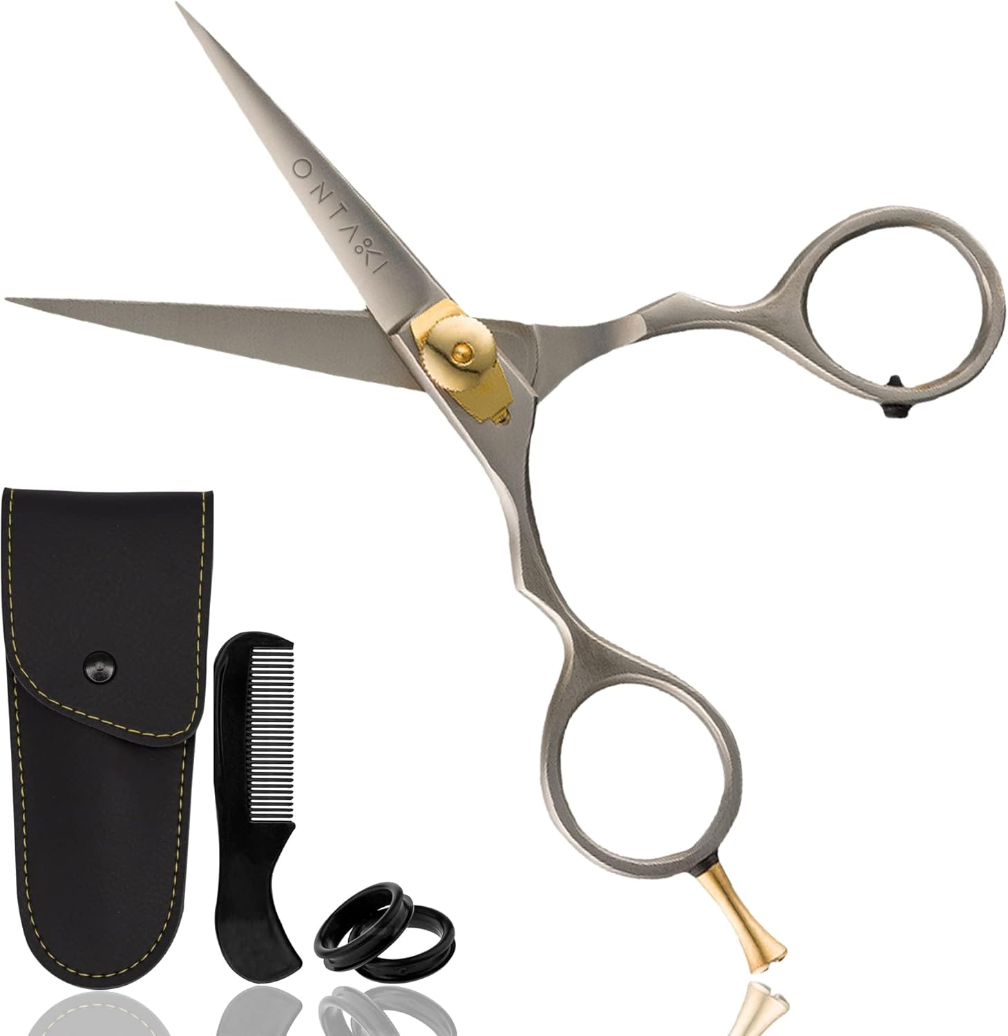 Ontaki Japanese Steel Beard Shears front view of silver premium mustache trimming scissors.