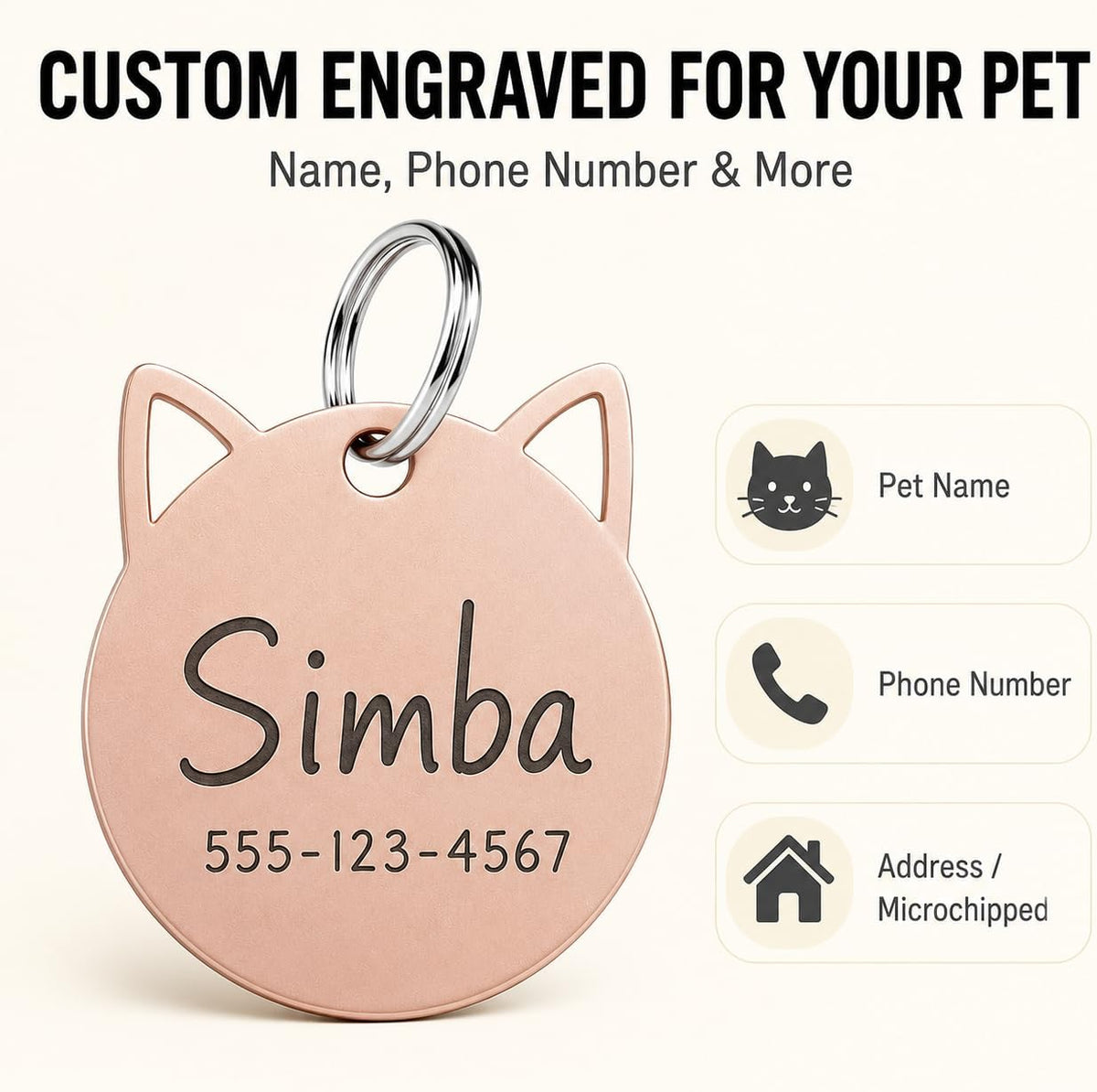 Personalized lightweight pet identification tag in a stylish silver metallic finish.