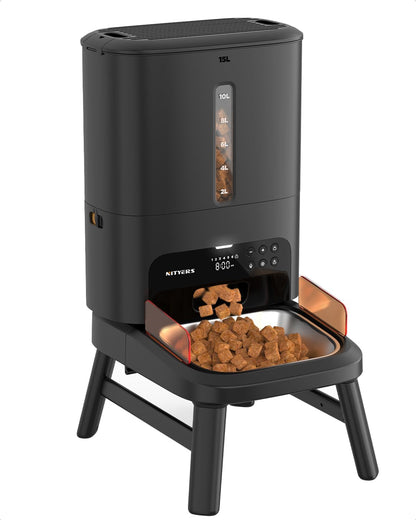 Nityers Automatic Dog Feeder front view showcasing the large fifteen liter clear viewing window container