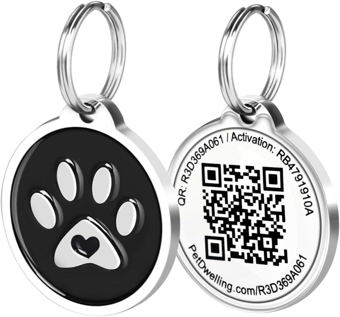 Pet Dwelling QR Code Pet Identification Tag front view showing the stylish black paw design on a dog collar.