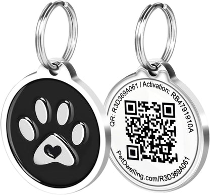 Pet Dwelling QR Code Pet Identification Tag front view showing the stylish black paw design on a dog collar.