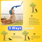 Diagram illustrating the three installation methods for the outdoor hanging bungee dog training tool.