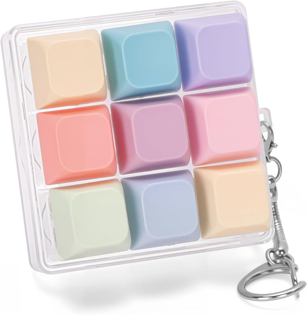 FunisFun Keyboard Fidget Toy front view showing the handheld mechanical clicker with colorful macaron keycaps.