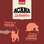 ACANA Lickables cat treat tube next to bowl of kibble