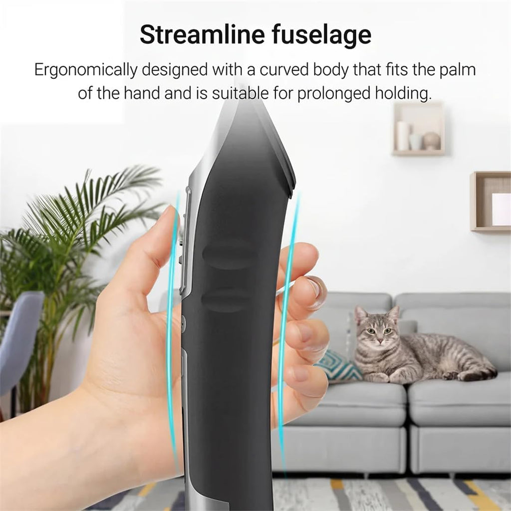 Rechargeable cat clipper highlighting the long battery life display indicator.