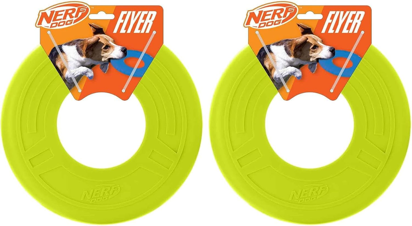 Active dog playing with blue Nerf Dog flying disc