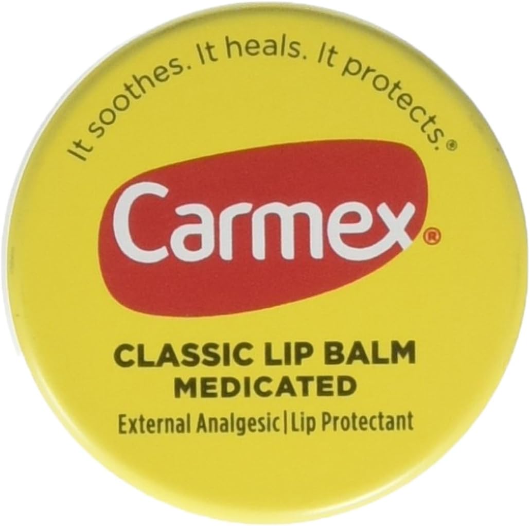 Carmex Medicated Lip Balm Case Pack 24 front view showing yellow jars with red lids