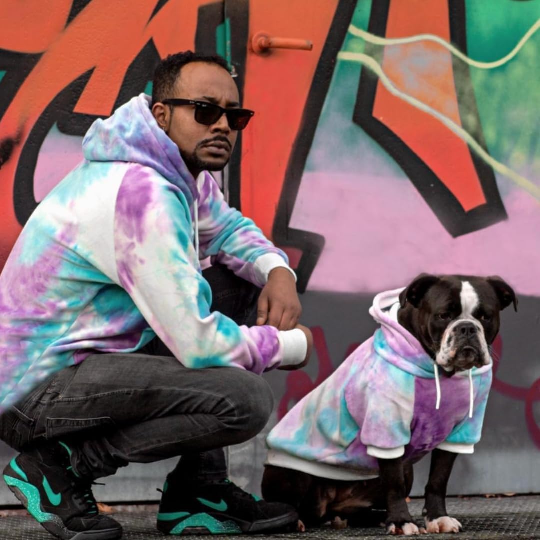 Tie-dye dog clothes tailored for broad chest breeds like French Bulldogs.