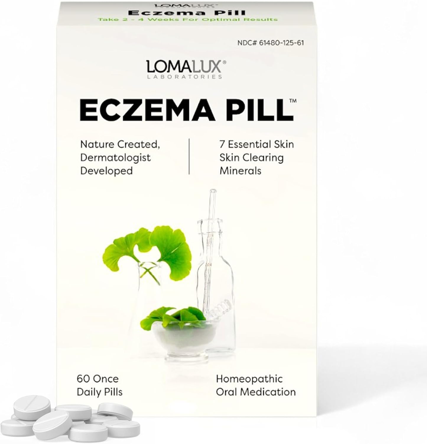 Loma Lux Eczema Pills front view of retail box showing natural mineral treatment details