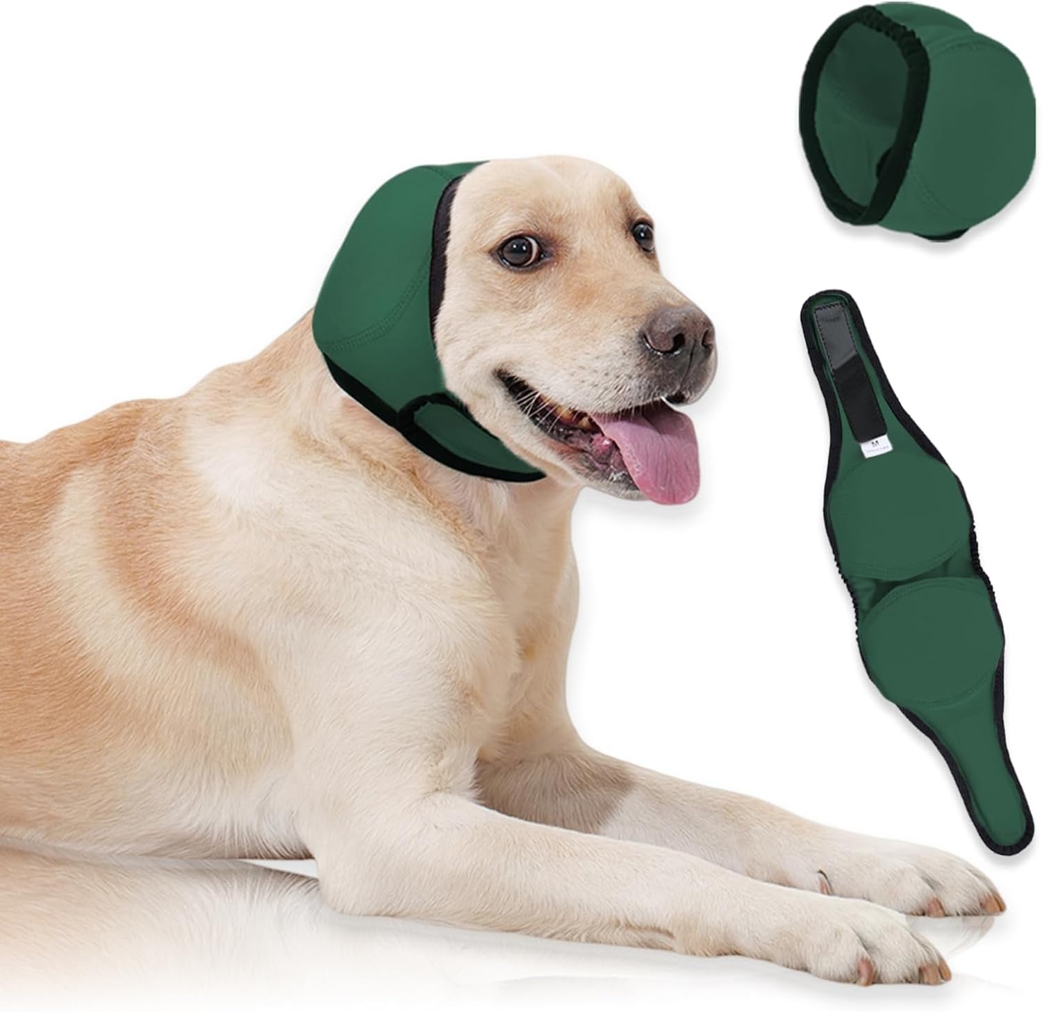 Papiamen dog ear cover green medium front view on a calming pet