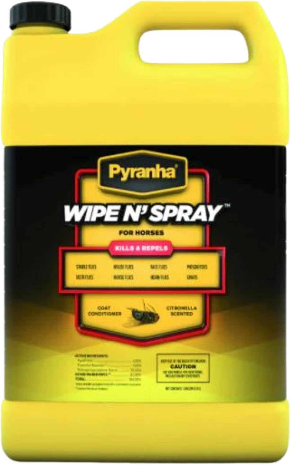 Tack Shack of Ocala Pyranha Fly Spray for Horses front view of one gallon jug container