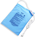Boncare Stay-On Small Electric Heating Pad front view showing the blue vinyl core and connected controller