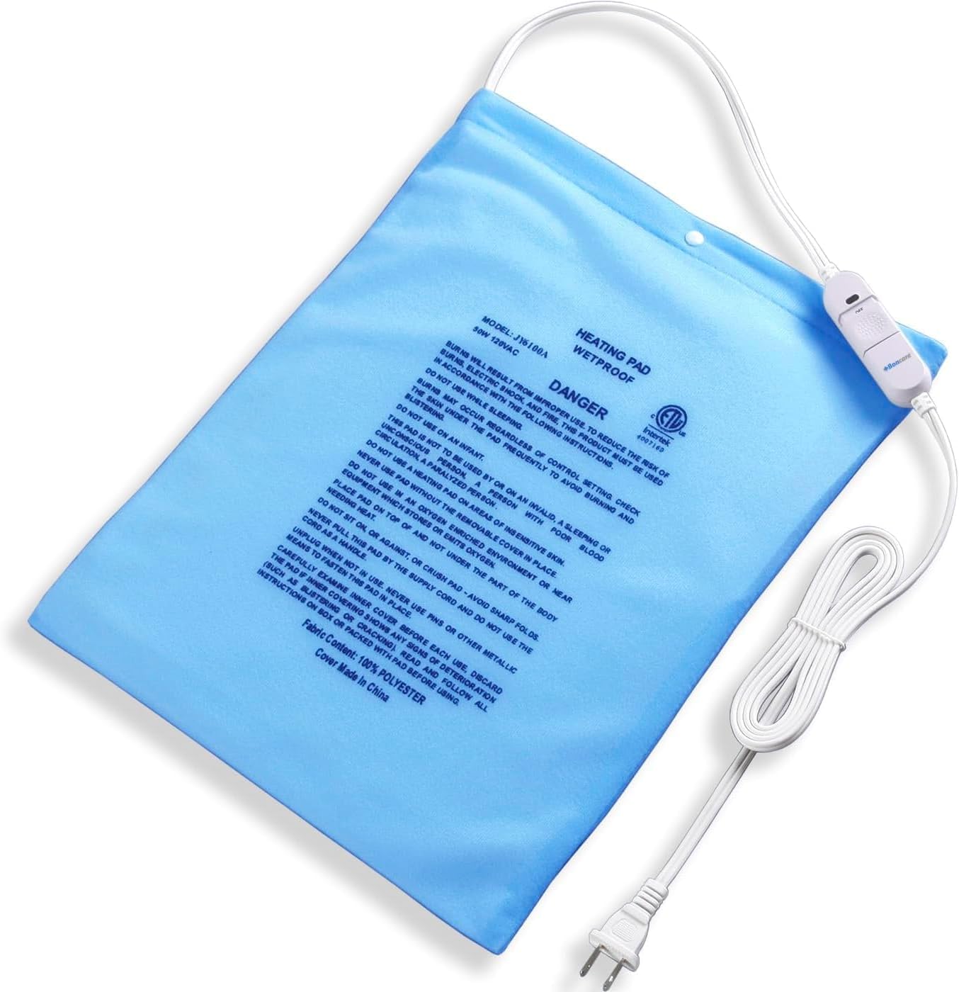 Boncare Stay-On Small Electric Heating Pad front view showing the blue vinyl core and connected controller