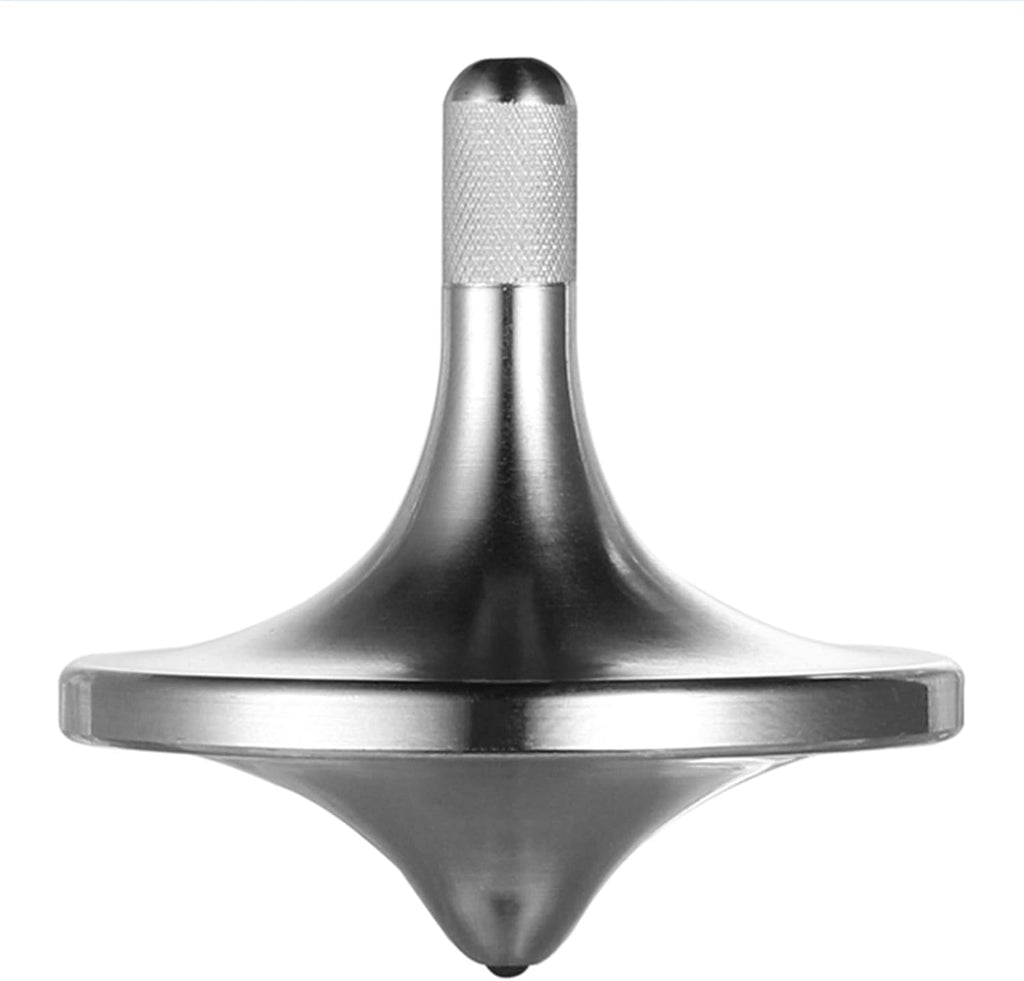 Cheetop stainless steel spinning top front view on desk
