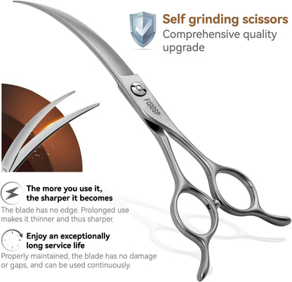 Premium Japanese VG10 steel curved pet shears showing the 45 degree big arc profile.