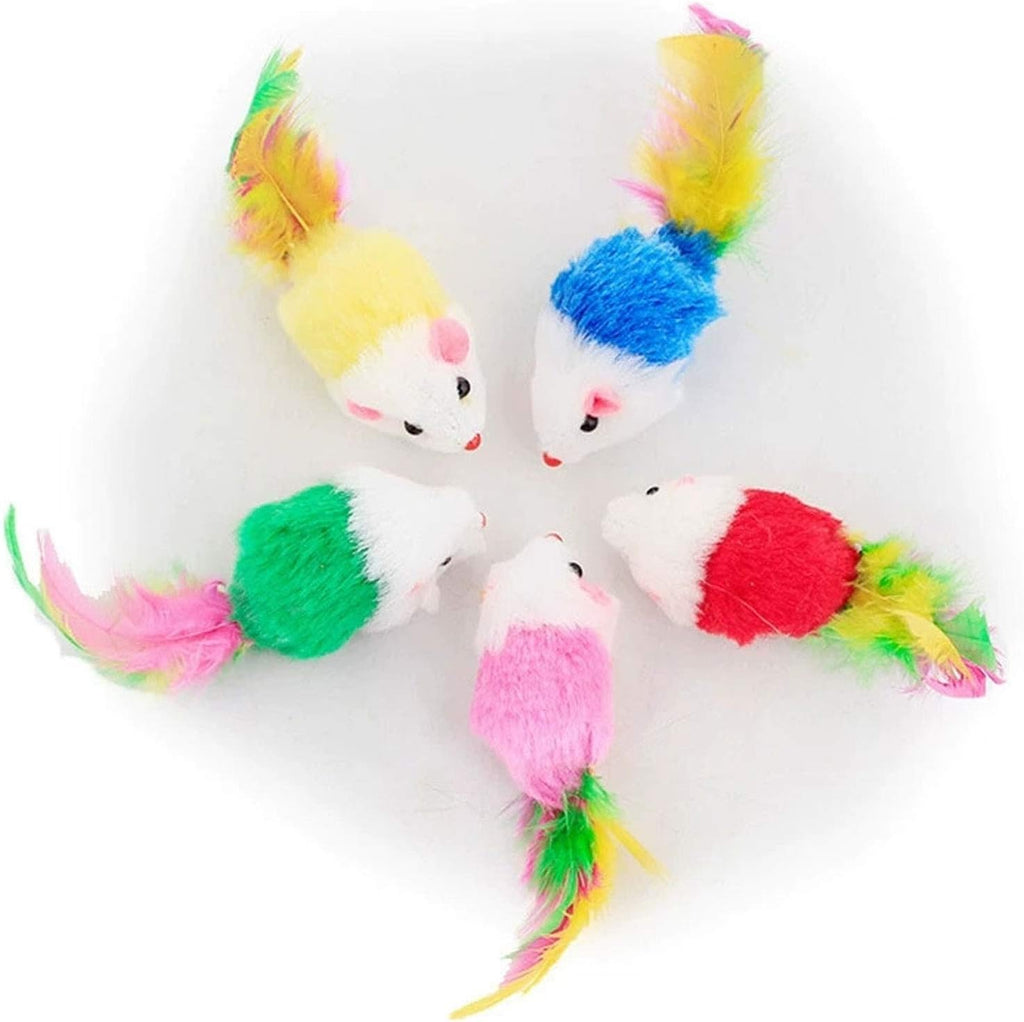 Close-up view of the synthetic furry mouse body and multicolored feather tail.
