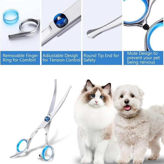 Merkloos pet grooming shears side angle displaying the ergonomic handles with pink inserts.