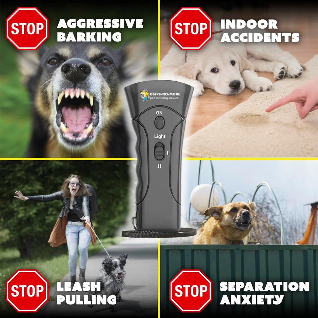 Barks No More dog training tool showing LED flashlight feature
